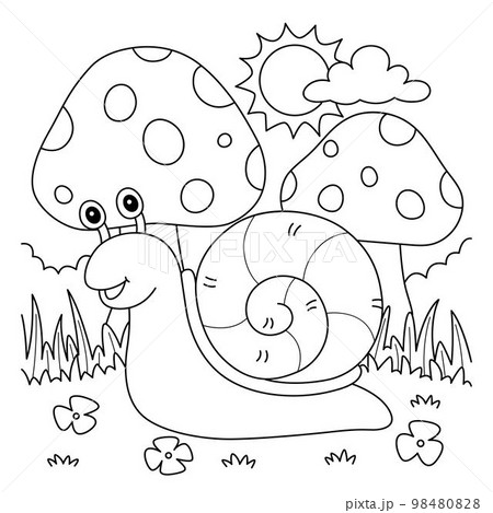 Snail and big mushroom coloring page for kids drawing education