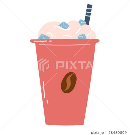Iced coffee in paper cup with cream and straw. Flat hand drawn vector illustration of cold drink, icon, design element Iced coffee in paper cup with cream and straw. Flat hand drawn vector illustration of cold drink, icon, design element 98480899