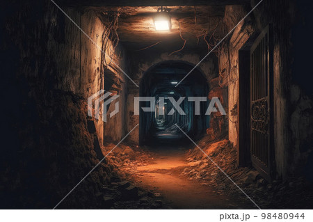 Narrow ruined gloomy corridor in old abandoned basement Narrow ruined gloomy corridor in old abandoned basement 98480944