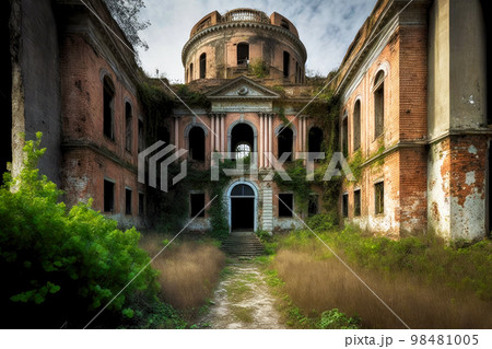 Large ruined two-storey building with courtyard and abandoned asylum 98481005