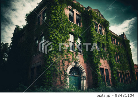 Fully covered with vines old house with windows as abandoned asylum 98481104
