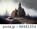 Old broken car stands near abandoned asylum in form of dilapidated castle 98481354