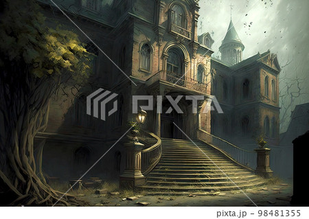 Old overgrown castle in form of abandoned asylum 98481355