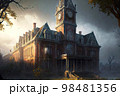 Abandoned asylum in form of ancient castle with clock tower 98481356