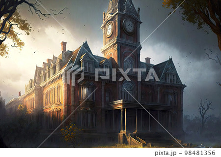 Abandoned asylum in form of ancient castle with clock tower 98481356