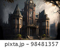 Abandoned asylum in form of ancient castle with clock tower 98481357