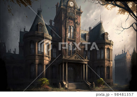Abandoned asylum in form of ancient castle with clock tower 98481357