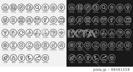 Startup vector icon set. black and white icon series with line and stroke 98481358