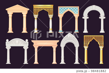 Antique arches. Architectural stone or marble arch, portal baroque greek castle rome palace luxury facade building old entrance with pillars columns, ingenious vector illustration 98481882