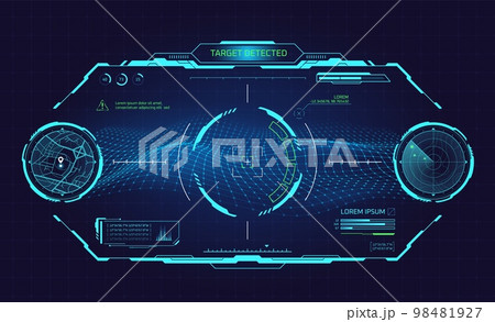 Cockpit vr dashboard. Hud spaceship hologram interface futuristic aircraft, virtual glasses robot helmet, military ai radar navigation airplane control, game ui vector illustration Cockpit vr dashboard. Hud spaceship hologram interface futuristic aircraft, virtual glasses robot helmet, military ai radar navigation airplane control, game ui vector illustration 98481927