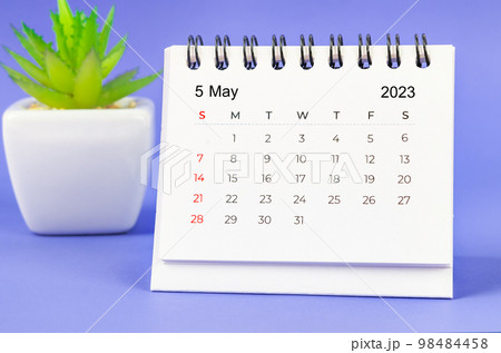 The May 2023 Monthly desk calendar for 2023 year on purple background. 98484458