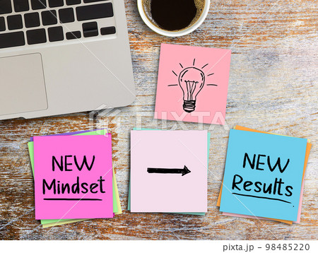 New Mindset and New Results on sticky note on wood table. 98485220