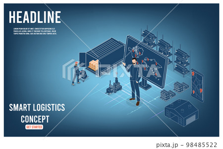 3D isometric Smart logistics concept with Warehouse Logistics and Management, Logistics solutions complete supply chain, transportation truck use wireless technoloty. Eps10 vector illustration 3D isometric Smart logistics concept with Warehouse Logistics and Management, Logistics solutions complete supply chain, transportation truck use wireless technoloty. Eps10 vector illustration 98485522