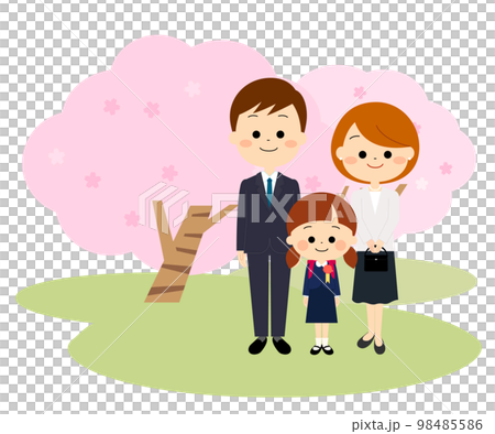 満開の桜と笑顔の新一年生の家族 98485586