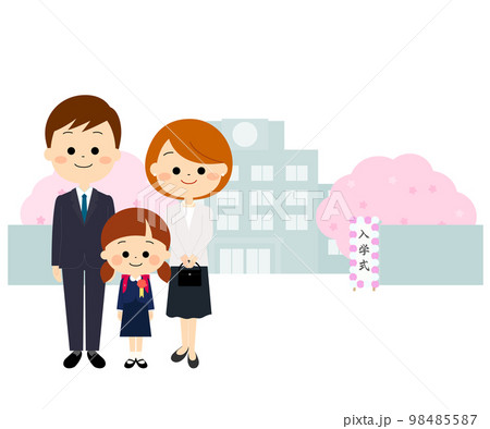 桜の咲く小学校と笑顔の新一年生の家族 98485587