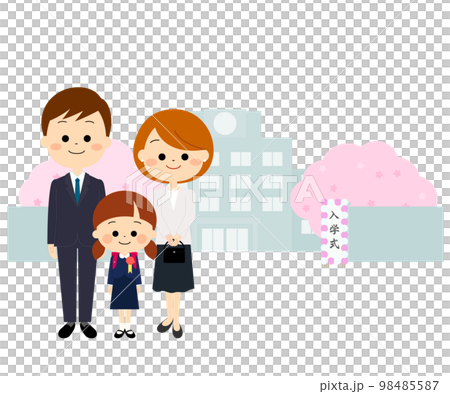 桜の咲く小学校と笑顔の新一年生の家族 98485587