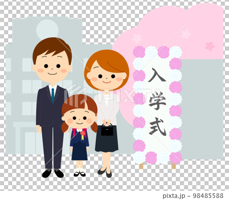 校門前の入学式の看板と笑顔の新一年生の家族 98485588