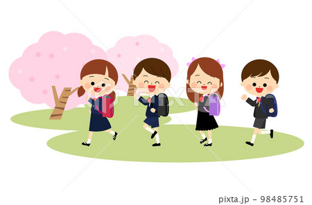 満開の桜と笑顔で走る新一年生の子供たち 98485751