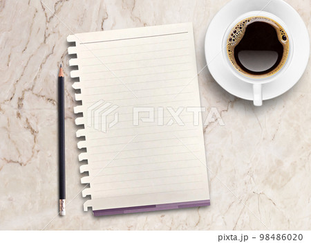 Top view blank paper,pencil and coffee mug on marble background. 98486020