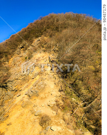 鈴鹿セブンマウンテンの釈迦ヶ岳登山：松尾尾根登山道から見る釈迦ヶ岳の大ガレ 98487179