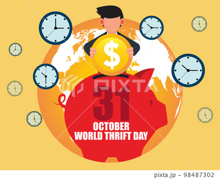 World Savings or Thrift day, 31 October. Businessman putting money in a piggy bank 98487302