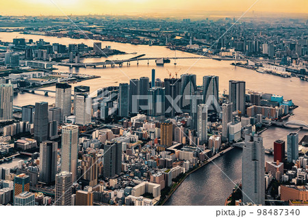 Aerial view of Odaiba Harbor in Tokyo, Japan 98487340