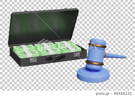 3d judge gavel, hammer auction with stand, pile dollar banknote in black suitcase isolated. bid idea, estate sale, auction symbol concept, 3d render illustration 3d judge gavel, hammer auction with stand, pile dollar banknote in black suitcase isolated. bid idea, estate sale, auction symbol concept, 3d render illustration 98488220