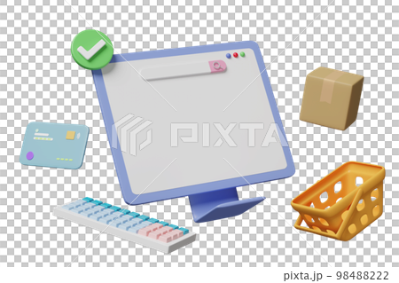 3d computer monitor with shopping cart, goods cardboard box, basket, credit card, check marks isolated. Online delivery, online shopping, template concept, 3d render illustration 98488222