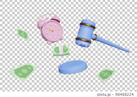 3d judge gavel, hammer auction with stand, banknote, cartoon character alarm clock isolated. bid idea, estate sale, auction symbol concept, 3d render illustration 3d judge gavel, hammer auction with stand, banknote, cartoon character alarm clock isolated. bid idea, estate sale, auction symbol concept, 3d render illustration 98488224