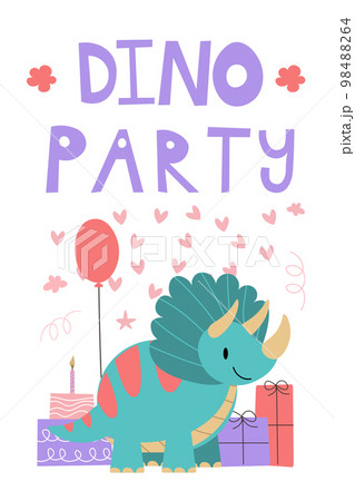 Cute dino. Dinosaur character vector illustration in flat cartoon style with DINO PARTY lettering. Baby design for birthday invitation or baby shower, poster, clothing, nursery wall art and card. EPS 98488264