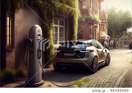 Charging modern electric car on the street which are the future of the Automobile Charging modern electric car on the street which are the future of the Automobile 98489089