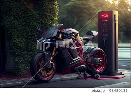 Electric Bike. Electric Vehicle (EV) charging dock with plug. Hybrid smart motorcycle battery. Electric Bike. Electric Vehicle (EV) charging dock with plug. Hybrid smart motorcycle battery. 98489131
