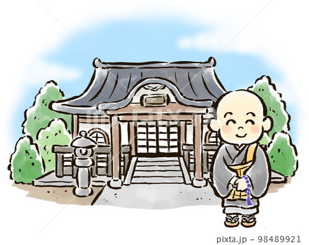 小さなお寺の前に立つ子供のお坊さんの手描きイラスト 98489921