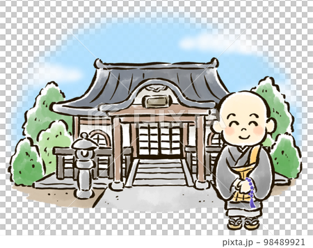 小さなお寺の前に立つ子供のお坊さんの手描きイラスト 98489921