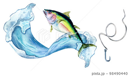Banner of tuna and sea wave watercolor illustration isolated on white. 98490440