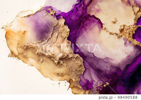 Fluid Art. Liquid purple ink and gold metallic abstract drips and wave. Generative AI illustration Fluid Art. Liquid purple ink and gold metallic abstract drips and wave. Generative AI illustration 98490588