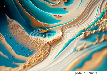 Fluid Art. Liquid Turquoise and white waves with metallic gold particles. Generative AI illustration Fluid Art. Liquid Turquoise and white waves with metallic gold particles. Generative AI illustration 98490596