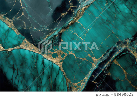Jade green marble texture background. Marble with black and golden veins. Generative AI illustration 98490625