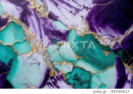 Purple and mint green marble texture background. Marble fluid art with golden veins. Generative AI illustration 98490627