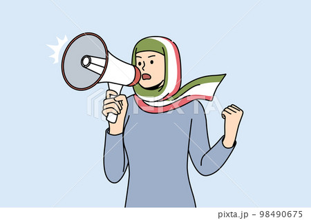 Woman in hijab with Iranian flag scream in megaphone  98490675