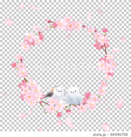 桜と小鳥（エナガ）2羽の水彩イラスト。春の丸型フレームデザイン。 98490700