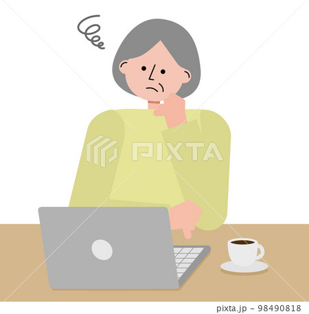 pcを眺めながら悩む中高年女性のイラスト 98490818