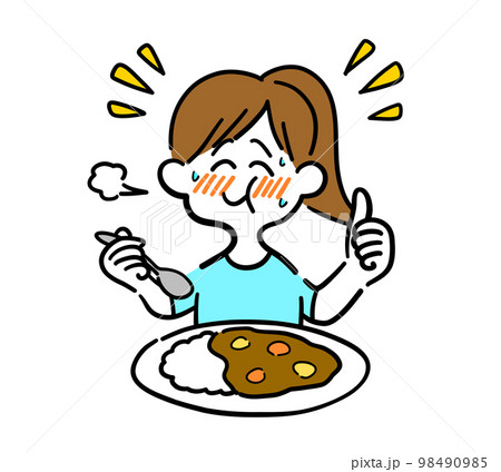辛いカレーライスを食べている女性 98490985