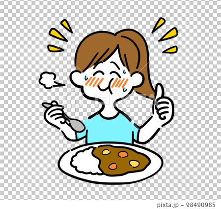 辛いカレーライスを食べている女性 98490985