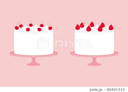 誕生日、バレンタインデー、結婚式向けのさくらんぼと苺の乗ったケーキのイラスト 98491333