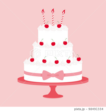 誕生日、バレンタインデー、結婚式向けのさくらんぼの乗った3段ケーキのイラスト 98491334