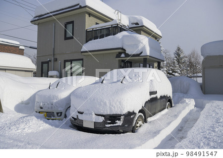 大雪で埋まる家と車 98491547