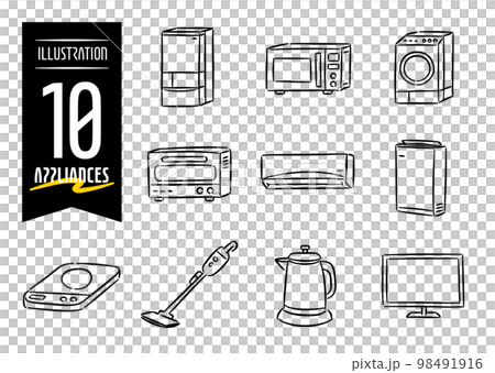 家電をモチーフにした手描き風のポップなアイコンイラスト10点セット 98491916