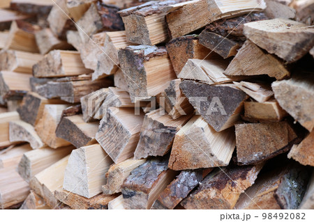 Stacked firewood close up as background. 98492082
