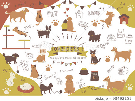 手がきの犬、猫とペット用品アイコンのセット 手がきの犬、猫とペット用品アイコンのセット 98492153